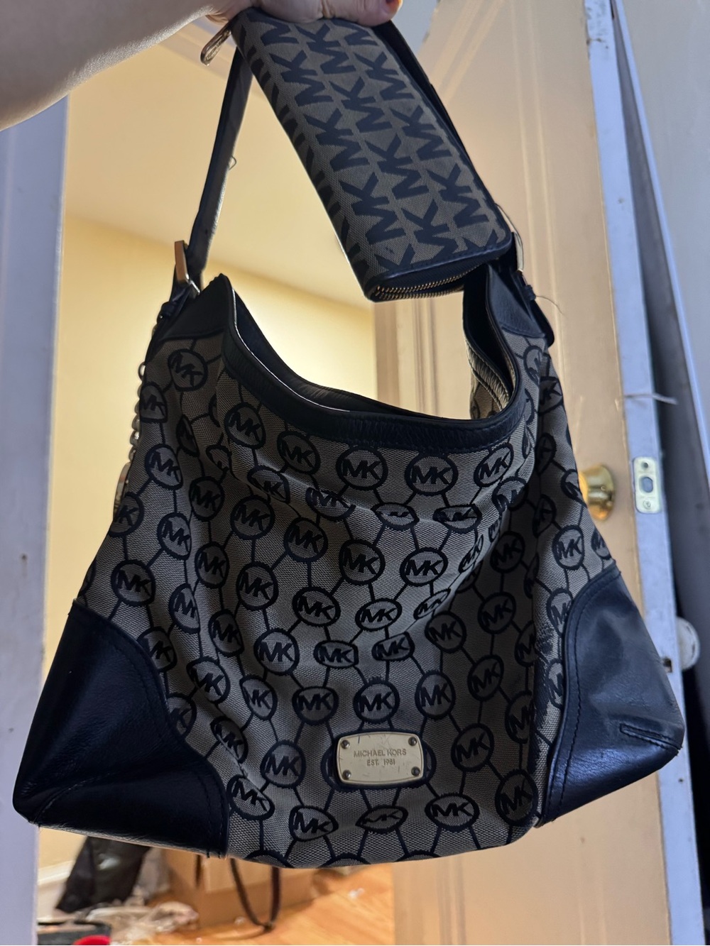 Michael Kors Black and cream and. Brown Hobo Shoulder Bag with matching wallet